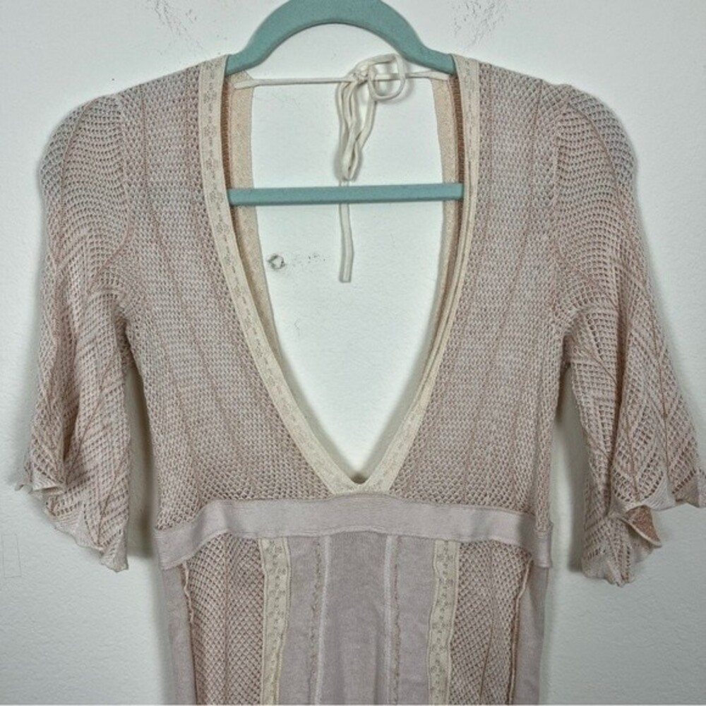 Free People Deep V Knit Ivory/Pink Boho Chic Mini Dress- Size Small - Picture 7 of 8